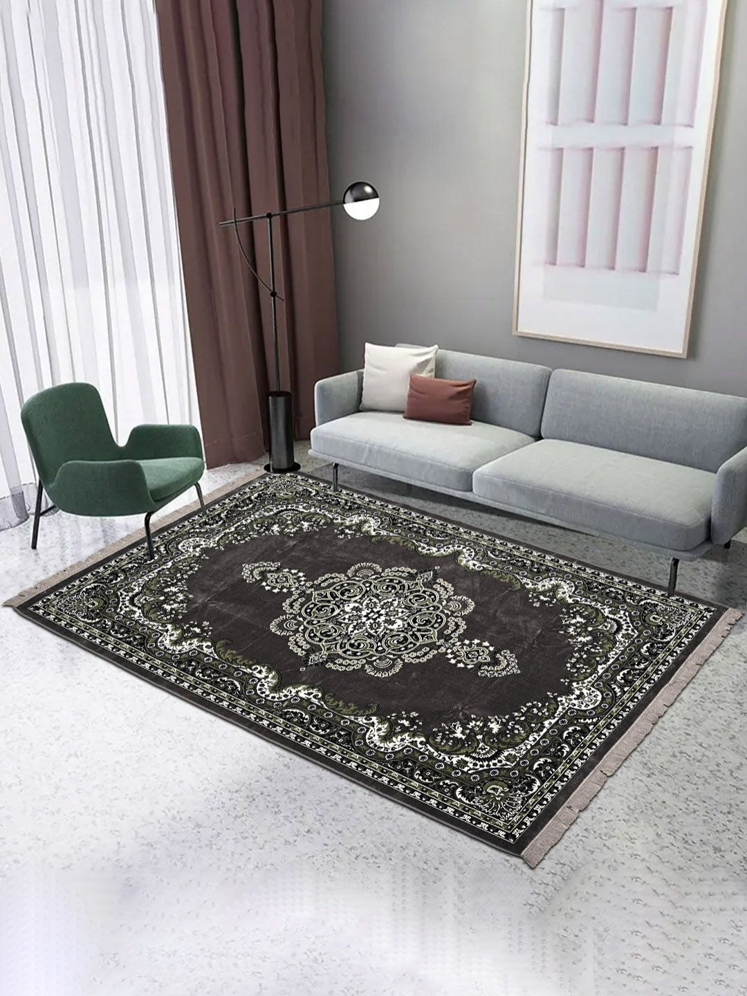 Aura Grey Floral Reversible Living Room Machine Washable Bedside Carpet