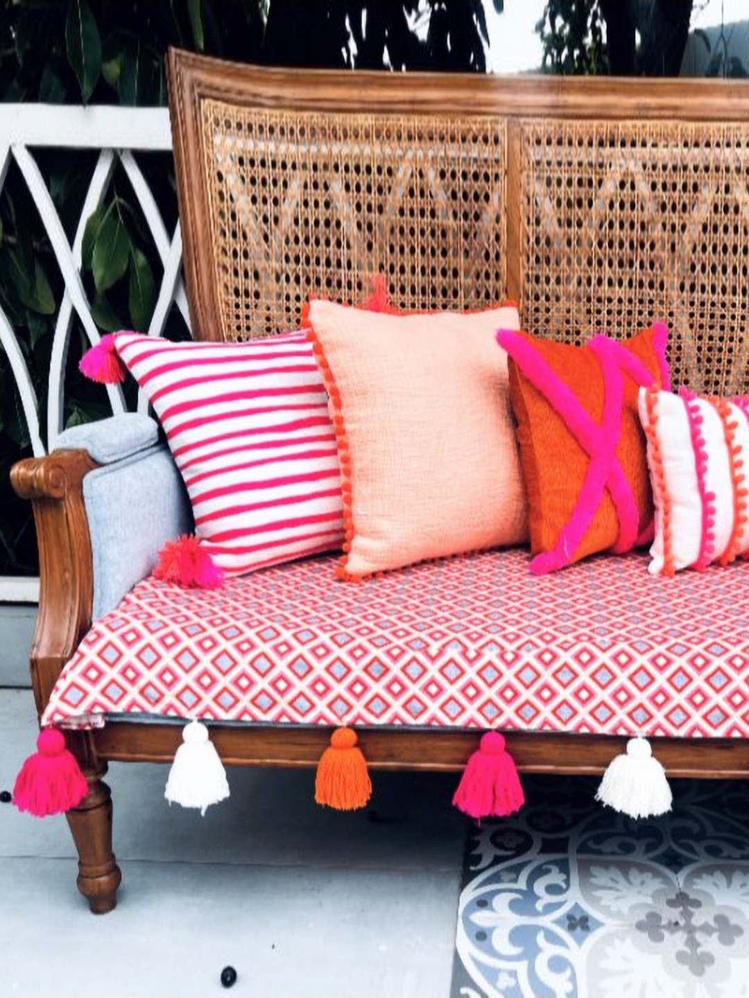 THROWPILLOW Red Diamond Print 3 Seater Sofa Cover With Corner Tassels-Size 67x26 Inch