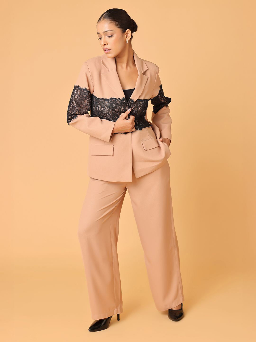 Blanc9 Women Light Brown Lace Patch Blazer Trouser Co-Ords Set