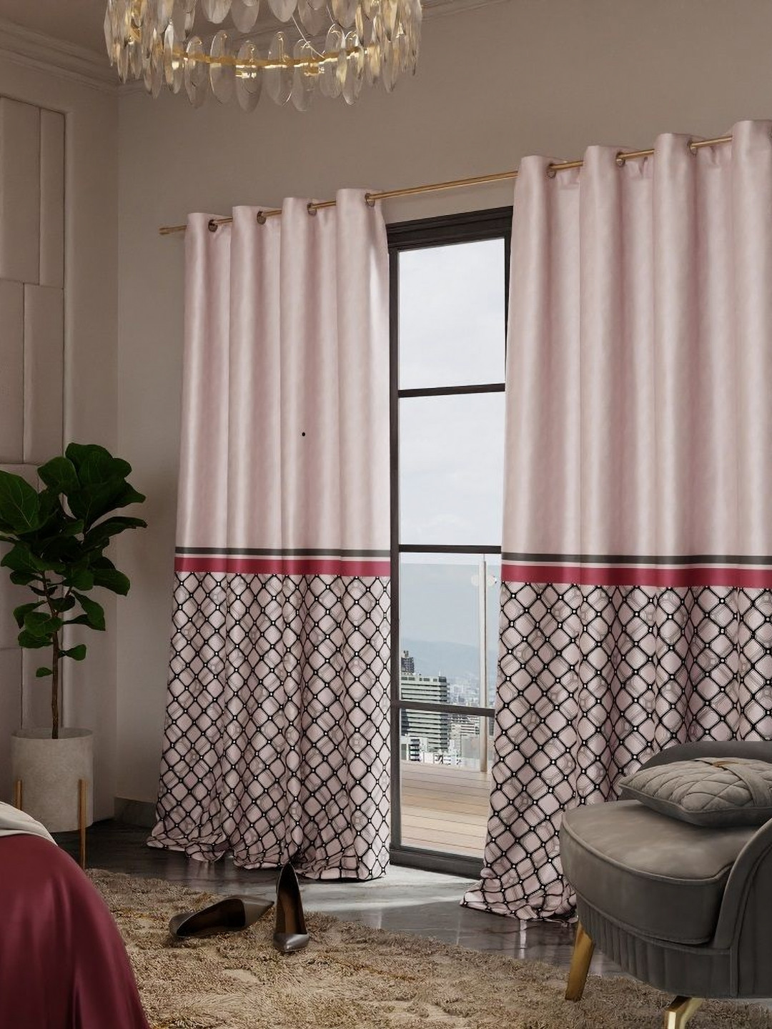 Stoa Paris Versailles Rose & Black Set of 2 Geometric Door Curtains