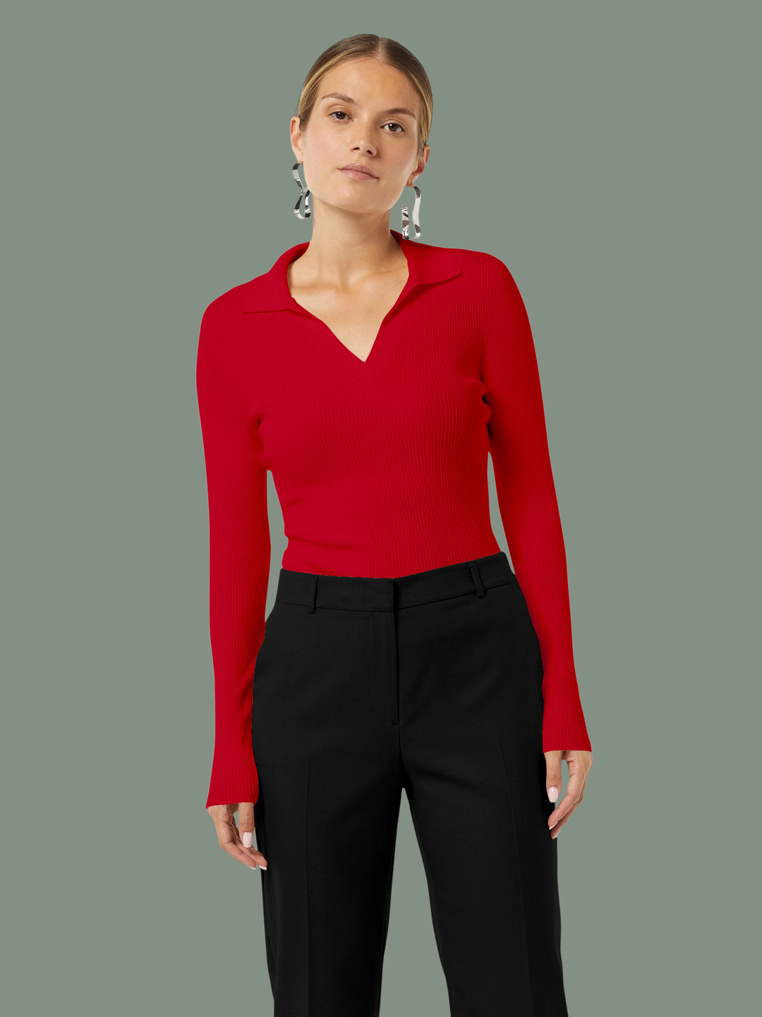Dream Beauty Fashion  top-17-apple-red Women Solid Shirt Collar Full Sleeve Top