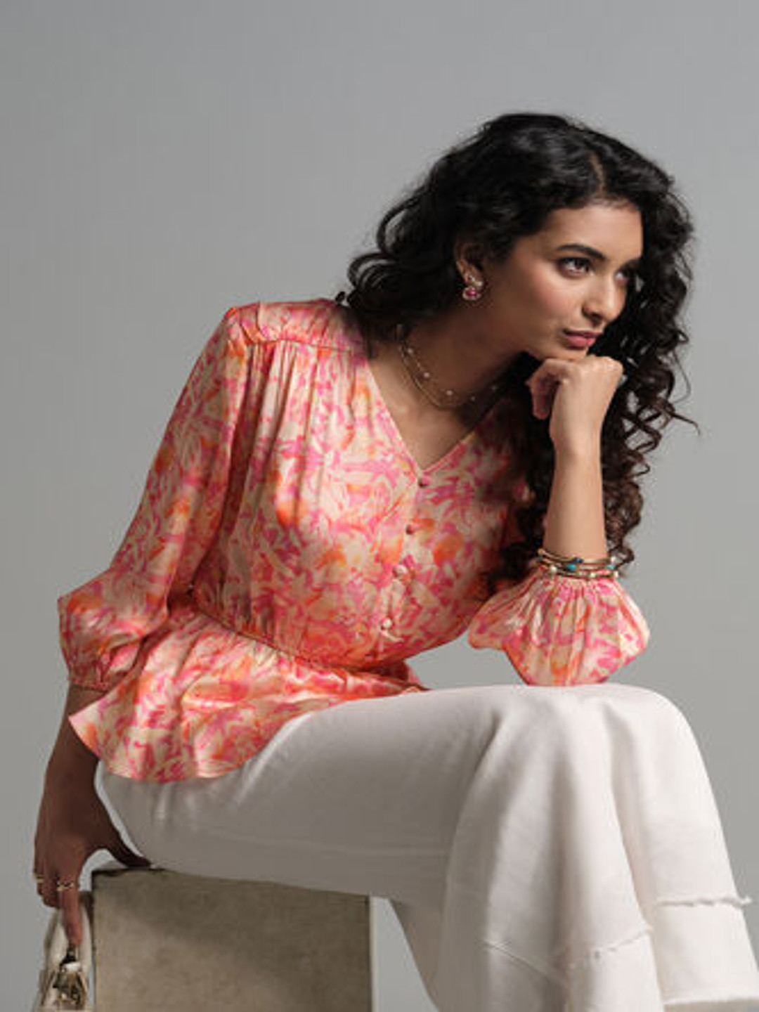 AND Floral Print Bell Sleeve Top