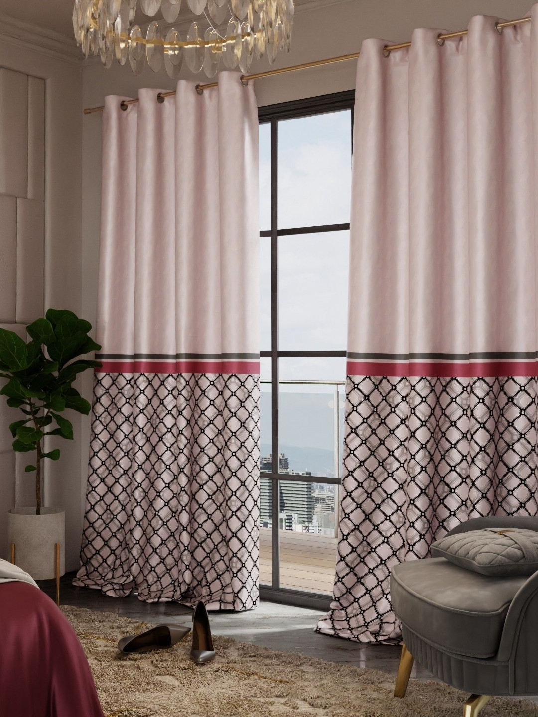 Stoa Paris Versailles Rose & Black Set of 2 Geometric Long Door Curtains