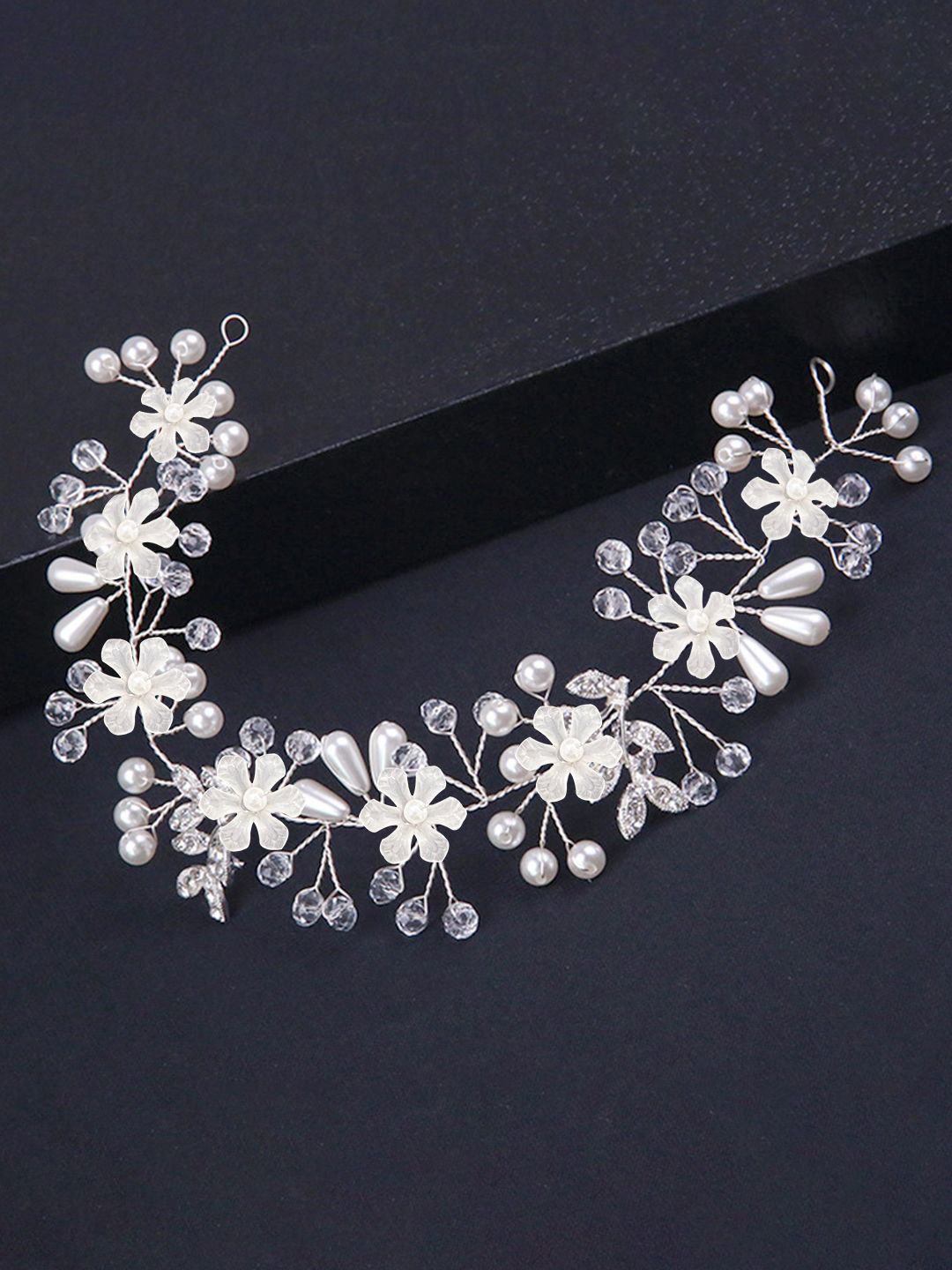 LYKAA Set of 1 Silver Crystal & Pearl Flower Juda Bun Pins Partywear Hair Accessory