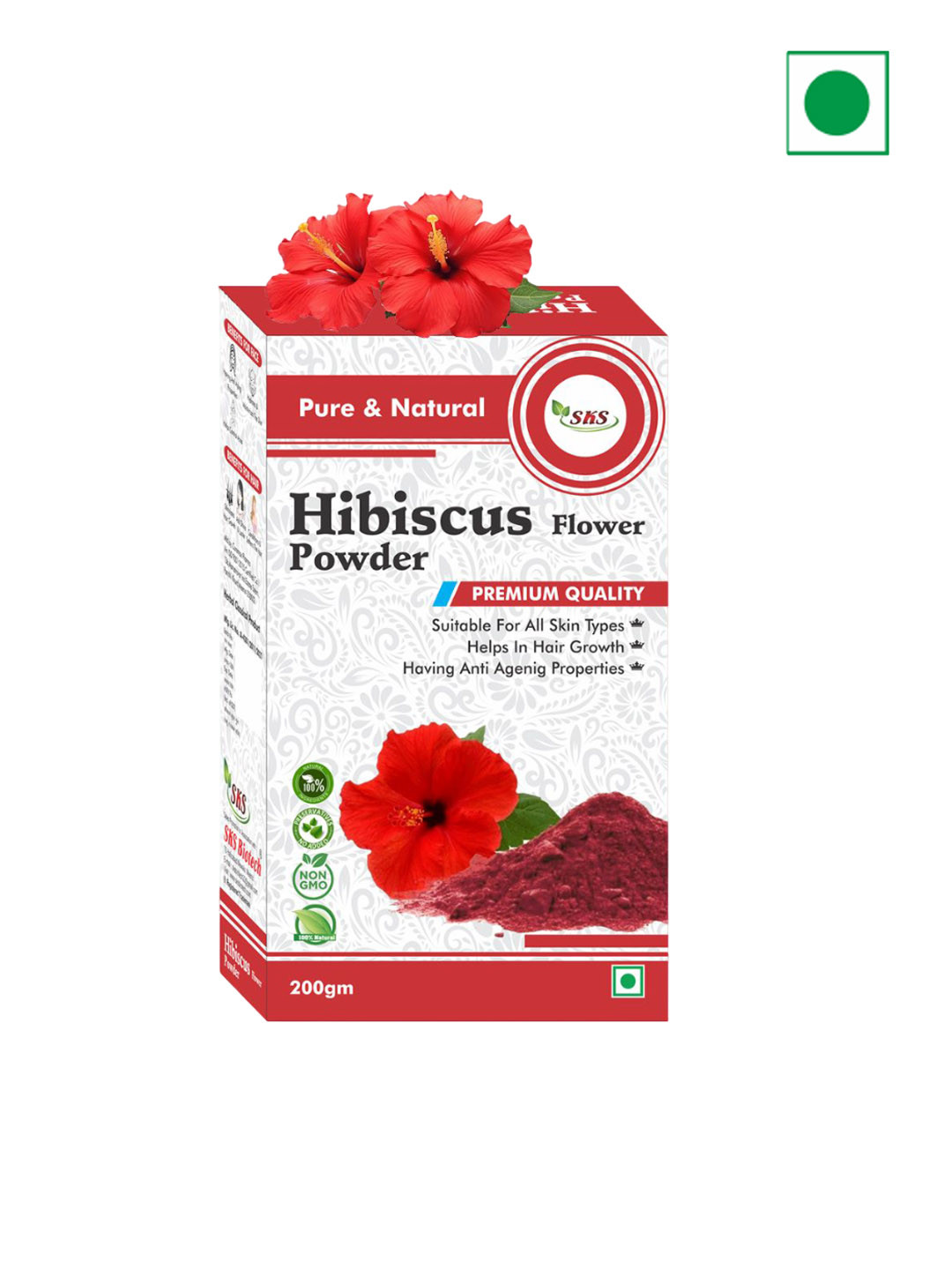 SKS BIOTECH Pure & Natural Hibiscus Flower Powder For Hair & Skin - 200 g