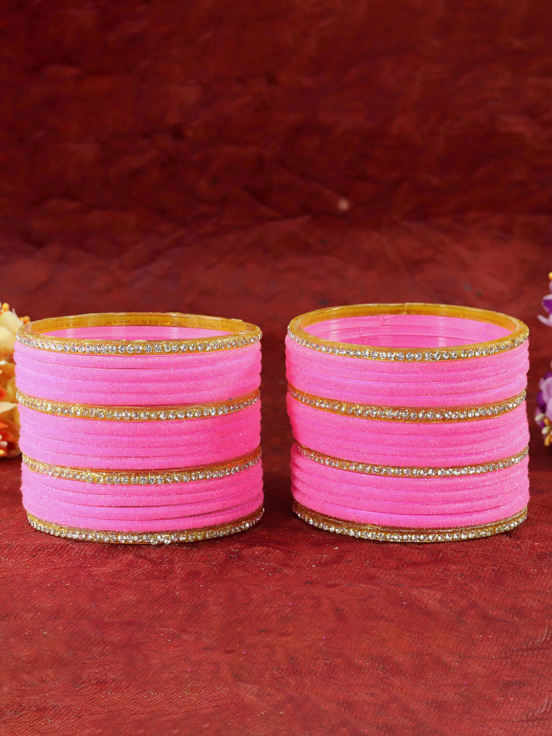 ZULKA Set Of 32 Glass With Velvet & Golden Zircon Diamond Stone Studded Bangles