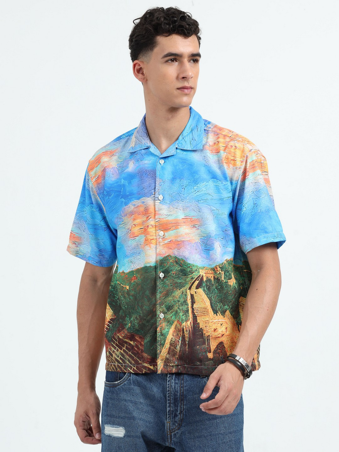 THE BEETEL HOUSE Men Relaxed Satin Great Wall of China Printed Oversized Casual Shirt