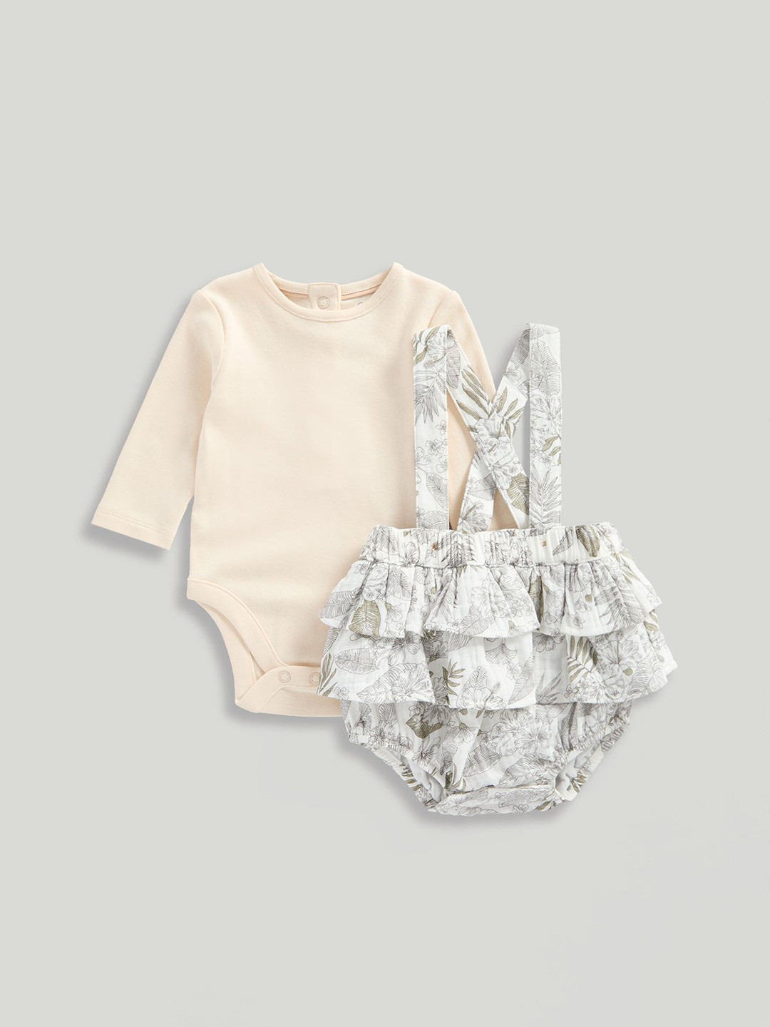 mothercare Infant Girls Neutral Botanicals Printed Pure Cotton Dungaree With Bodysuit