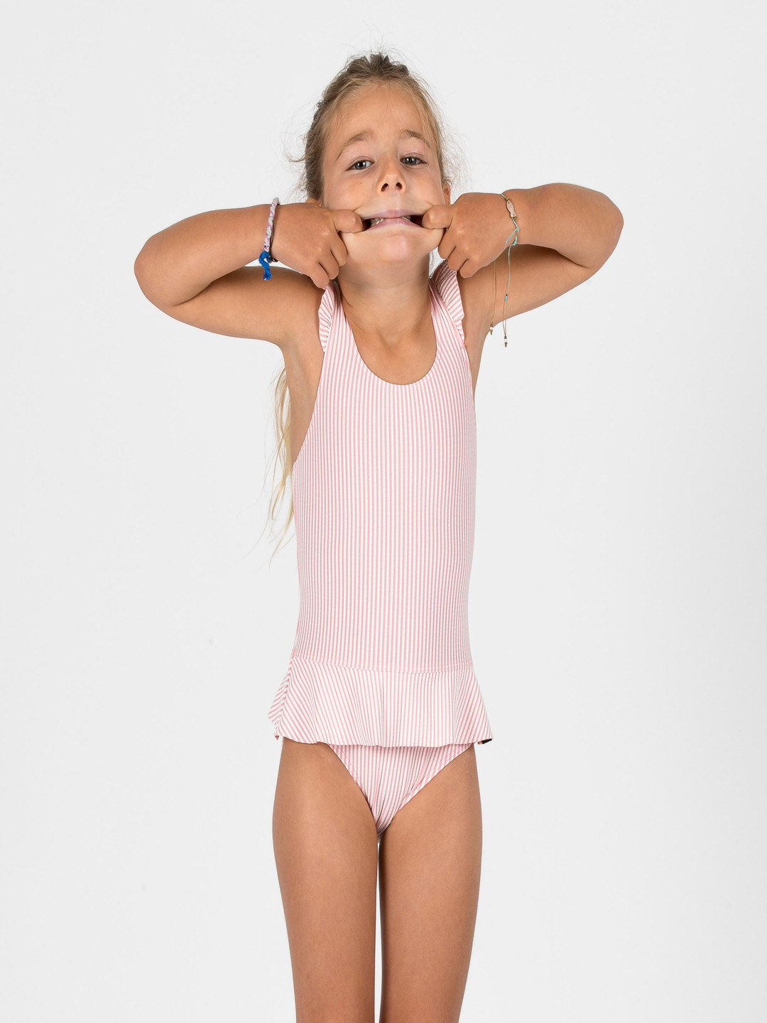 Decathlon NABAIJI - Kids Girls Pink Striped Sleeveless Once-Piece Swimsuit