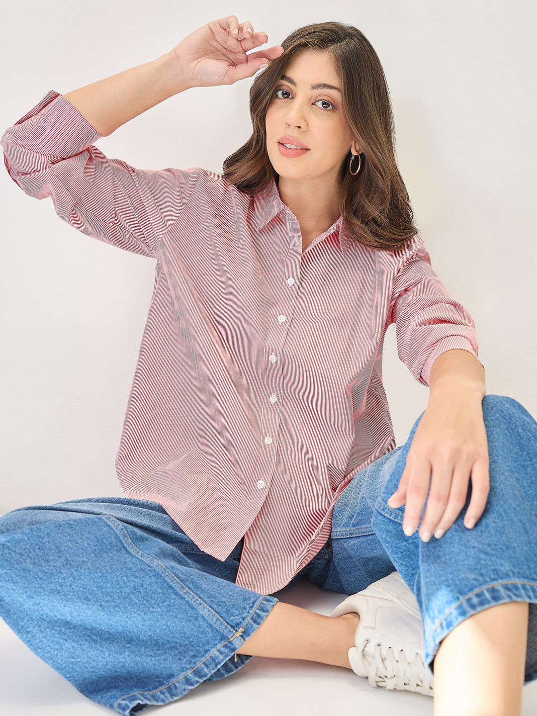 Globus Women Red Cuffed Sleeves Vertical Stripes Curved Hem Oversized Workwear Oversized Shirt