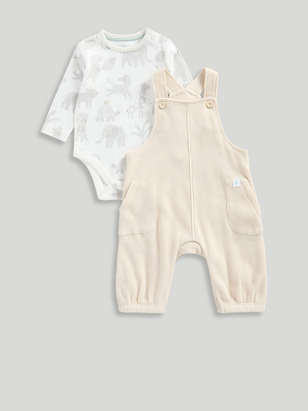 mothercare Infants Contemporary Safari Printed Pure Cotton Waffle Dungaree With Bodysuit