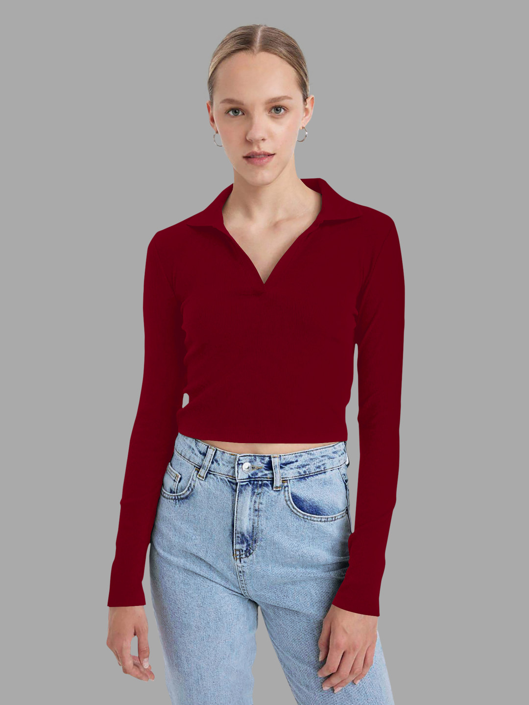 Dream Beauty Fashion Shirt Collar Long Sleeves Crop Fitted Top