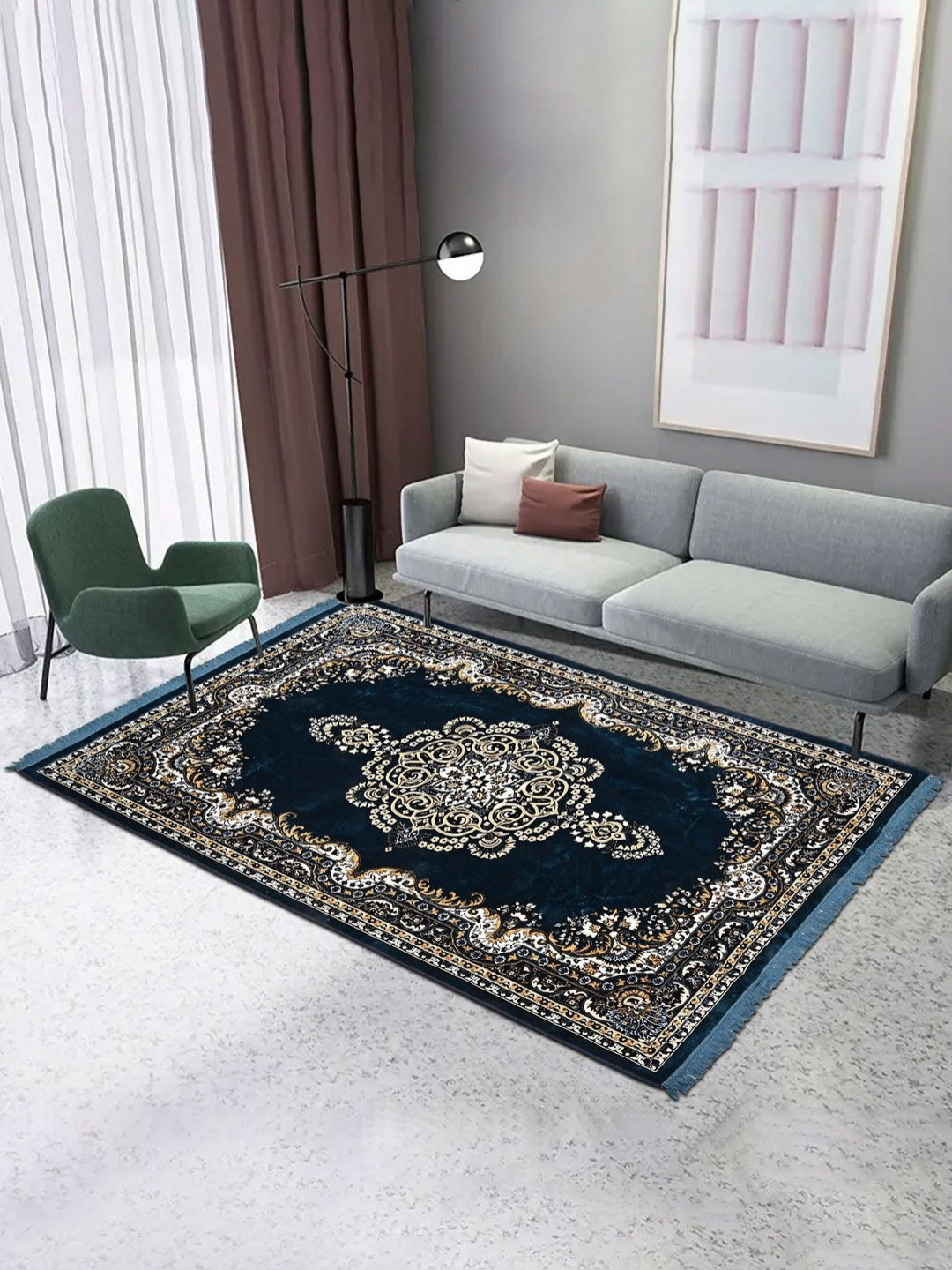 Aura Navy Blue Ethnic Motifs Reversible Machine Washable Bedside Floor Carpet