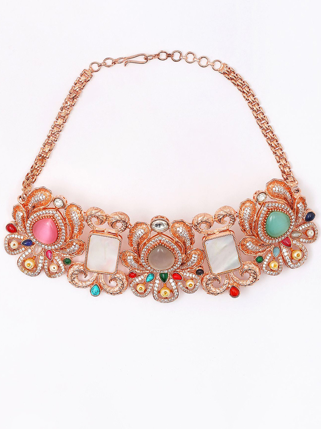 Exotic India Rose Gold Color Floral Choker & Earrings Set With Multicolor Stone