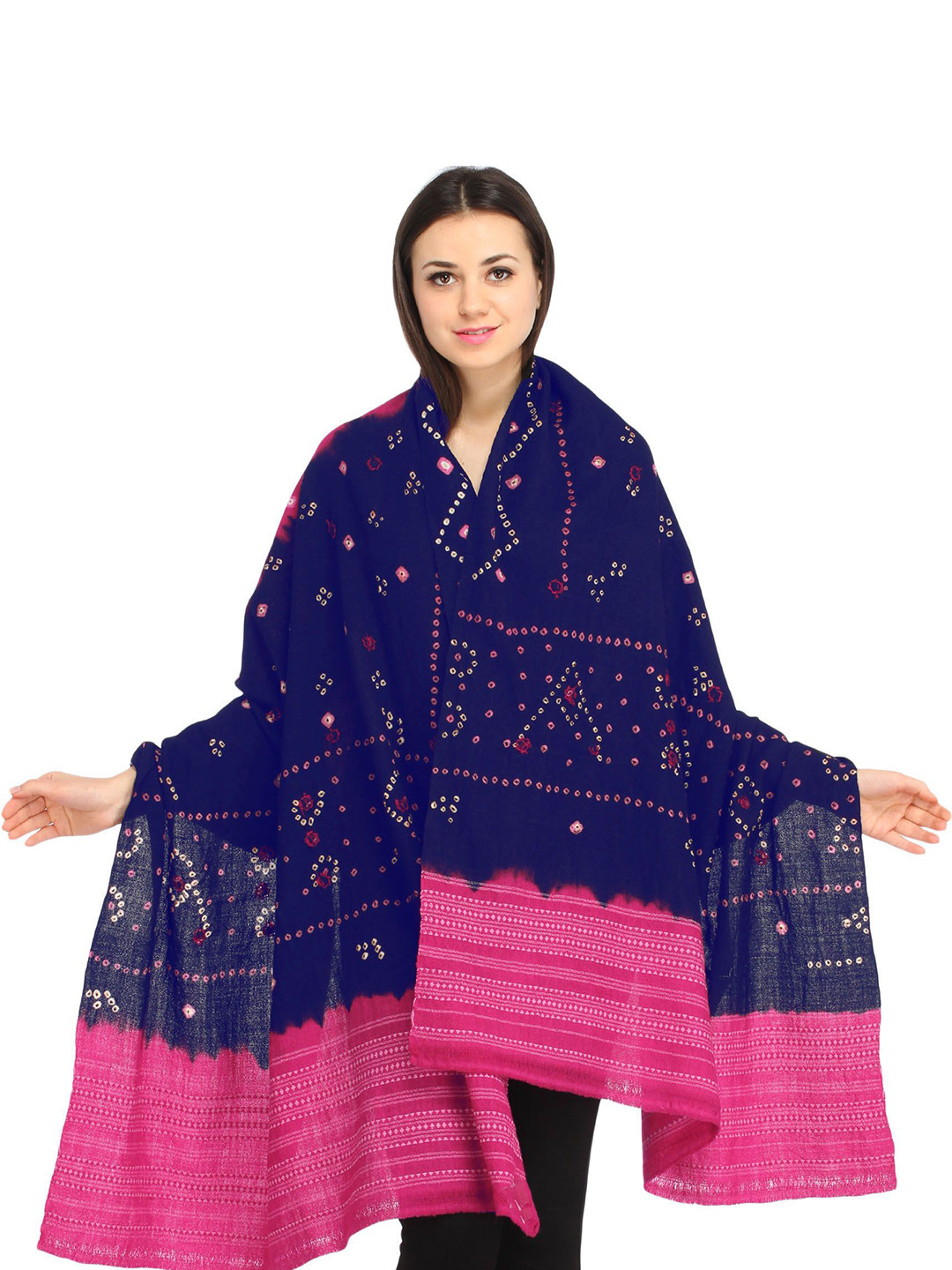 Exotic India Bandhani Tie-Dye Pure Wool Shawl From Kutch with Embroidered Mirrors