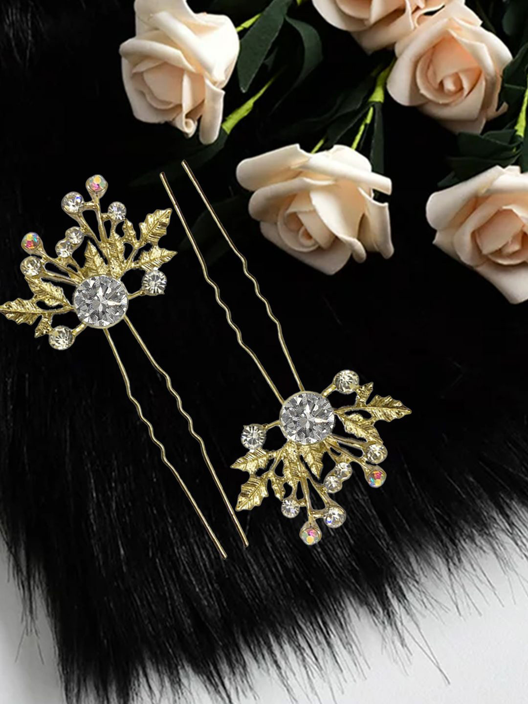 LYKAA Set of 2 Golden Flower Rhinestone Bun Hair Jooda Pin