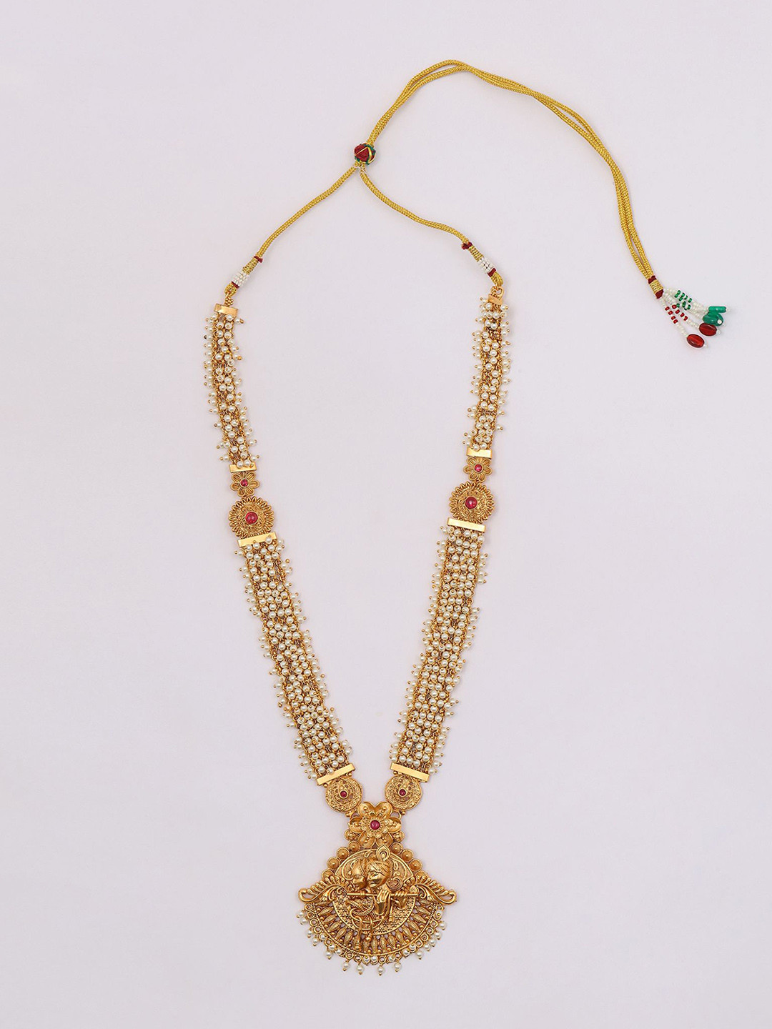 Exotic India Fluting Radha Krishna Long Necklace & Earring Set With Beads