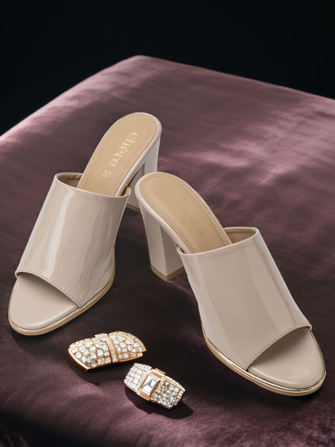 Chere Beige Glossy Patent Block Heels