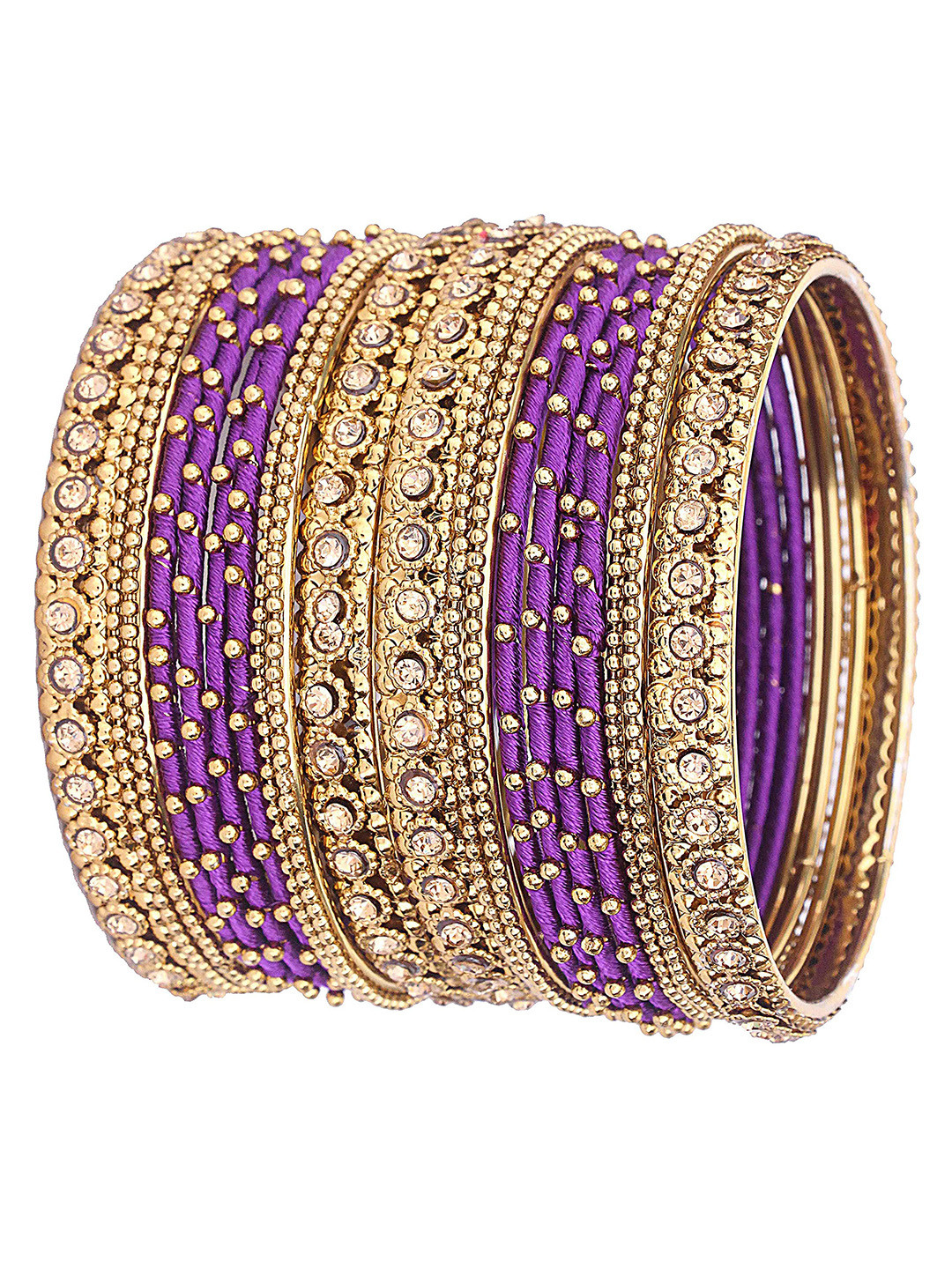 ZULKA Set Of 28 Metal With Silk Thread and Zircon Gemstone Worked Traditional Bangles