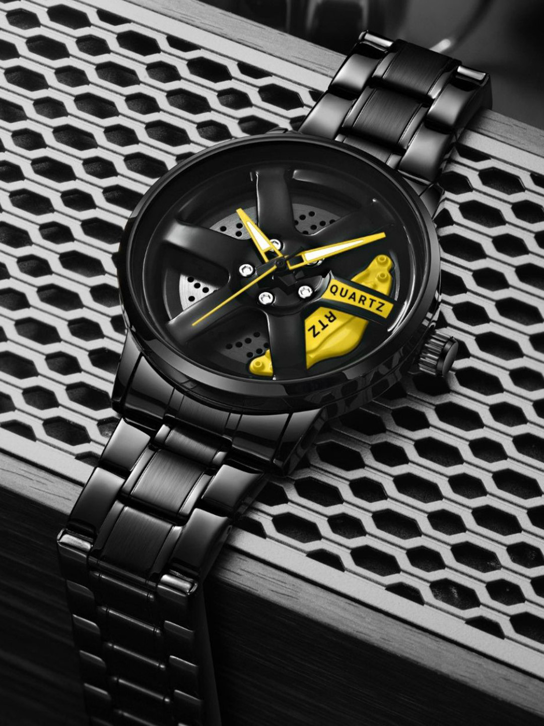 EMPERO Men Brass Patterned Dial & Stainless Steel Wrap Around Straps Analogue Watches Yellow Wheel Watch 2