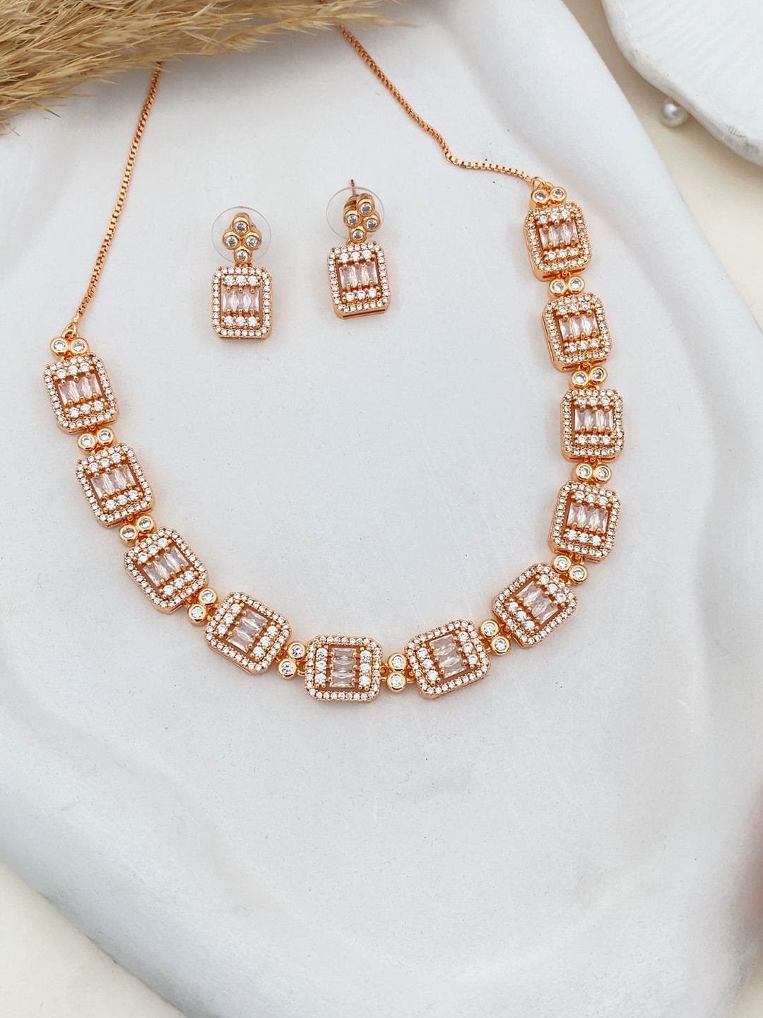 Rare Bello Rose Gold-Plated American Diamond-Studded Jewellery Set