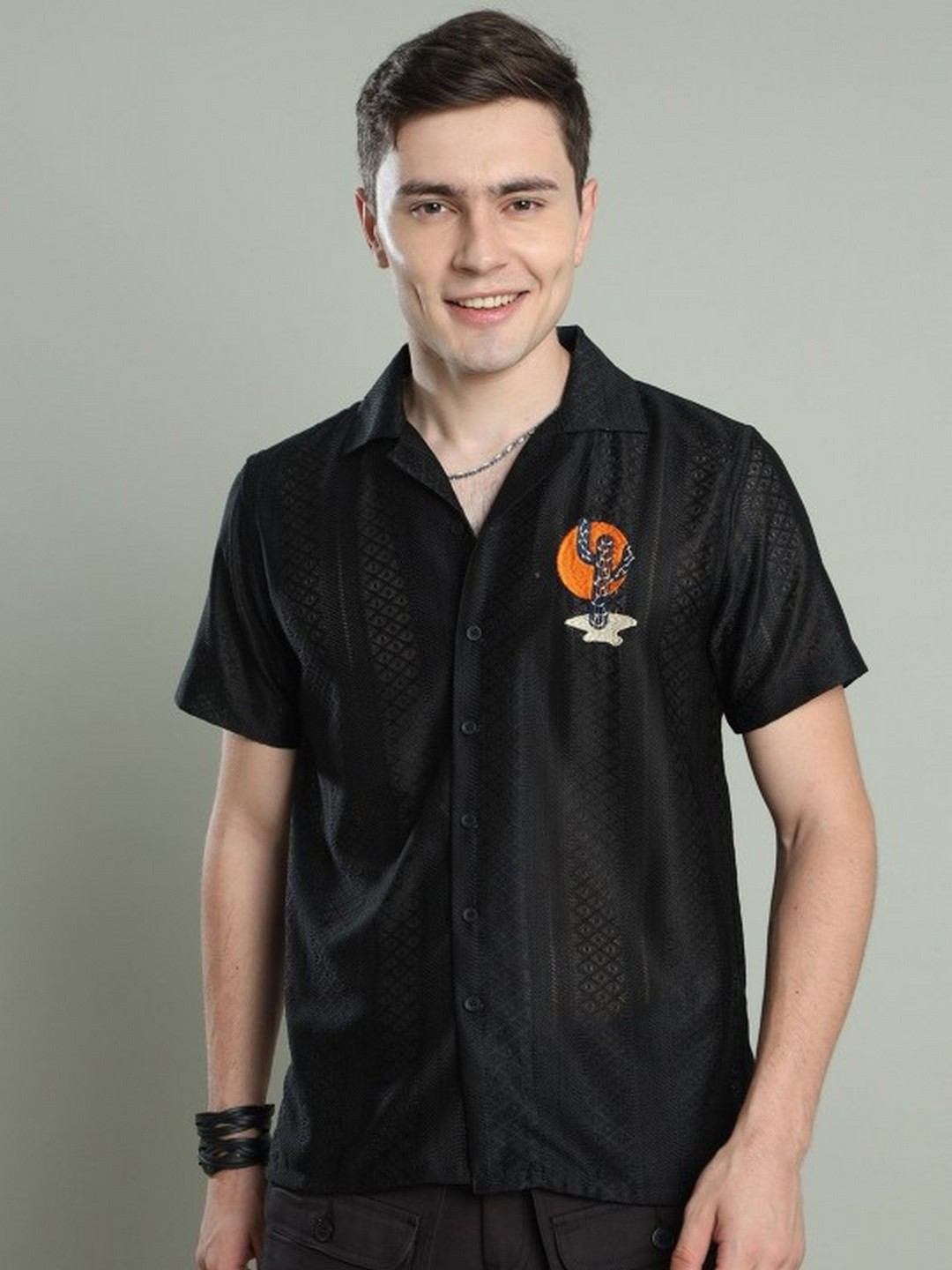 THE BEETEL HOUSE Men Relaxed Cactus Embroidered Texture Casual Shirt