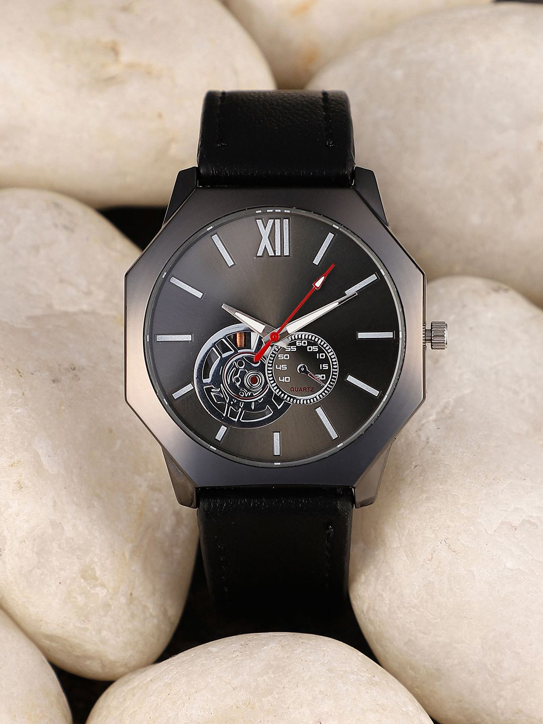 French Accent Men Embellished Dial & Leather Bracelet Style Straps Digital Watch SS25_FAWC1037