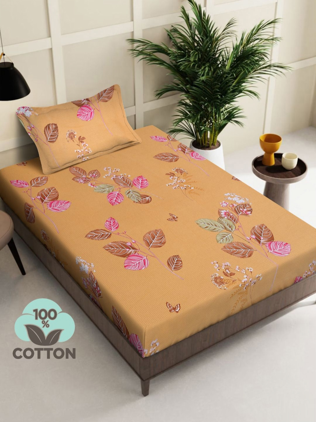 Myntra Elegant Homes Jaipuri Mustard Floral Cotton 400 TC Fitted Single Superfine Bedsheet with a Pillow Cover-225 x 150 cm