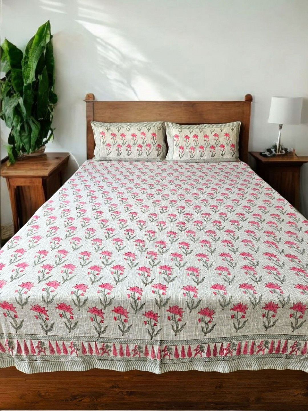 Feels Like Home 3Pcs Pink & White Floral Printed Pure Cotton & Jute Bed Covers