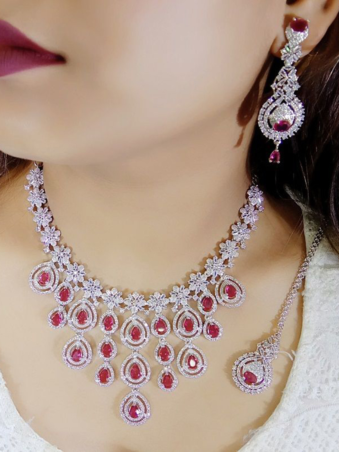 Ladymania Silver - Plated American Diamond Necklace Set With Maang Tikka