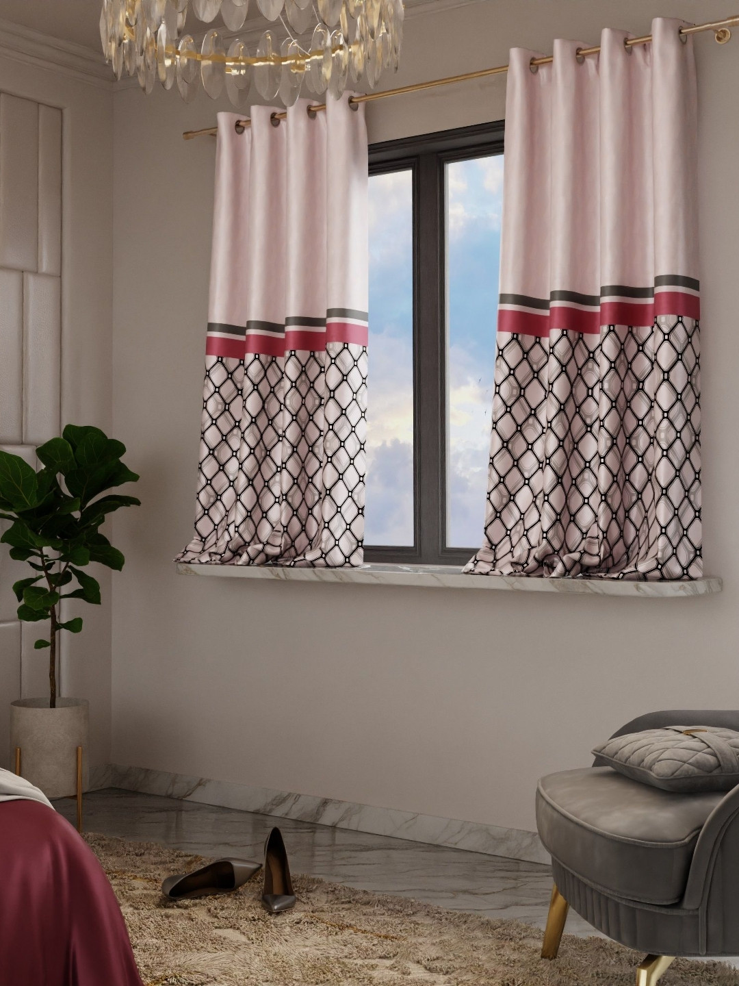 Stoa Paris Versailles Rose & Black Set of 2 Geometric Window Curtains