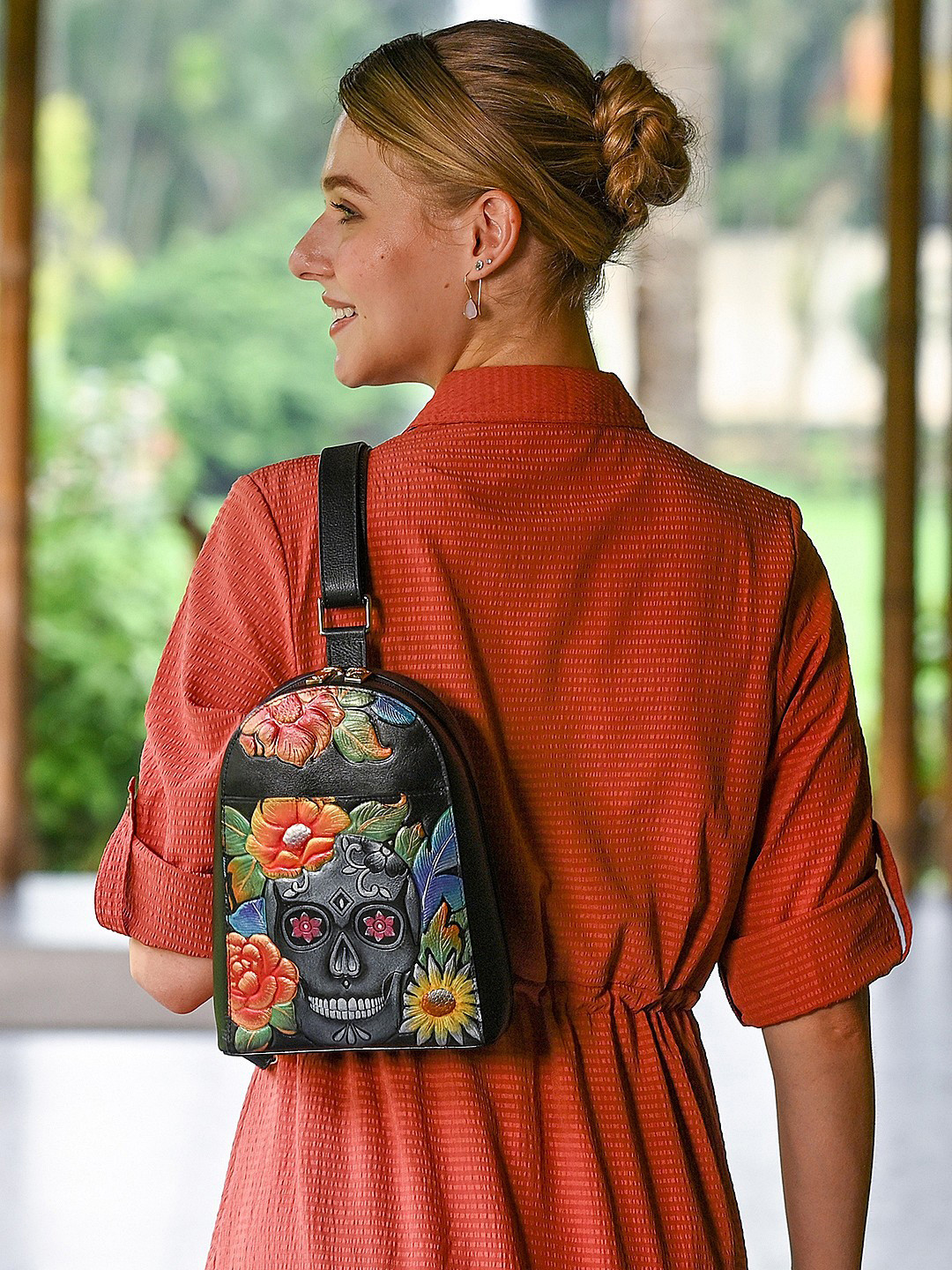 Anuschka Hand Painted Midnight Calavera Leather Sling Bag