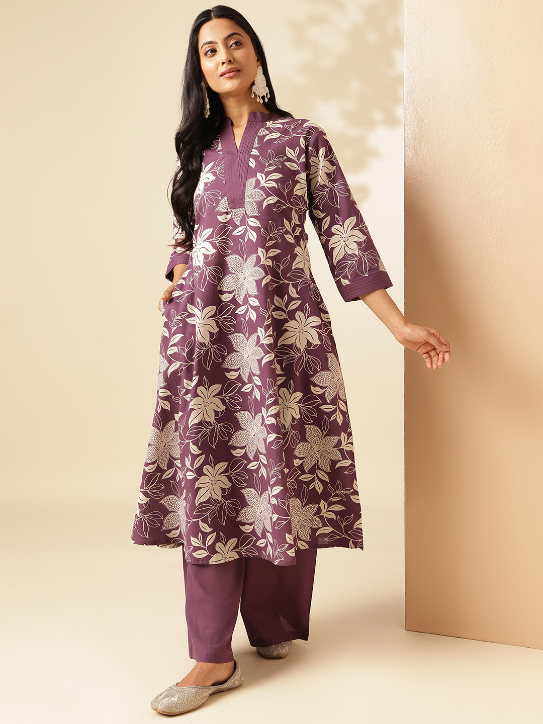 Vbuyz Women Floral Printed A-Line Cotton Stitched Kurta With Palazzo Sets