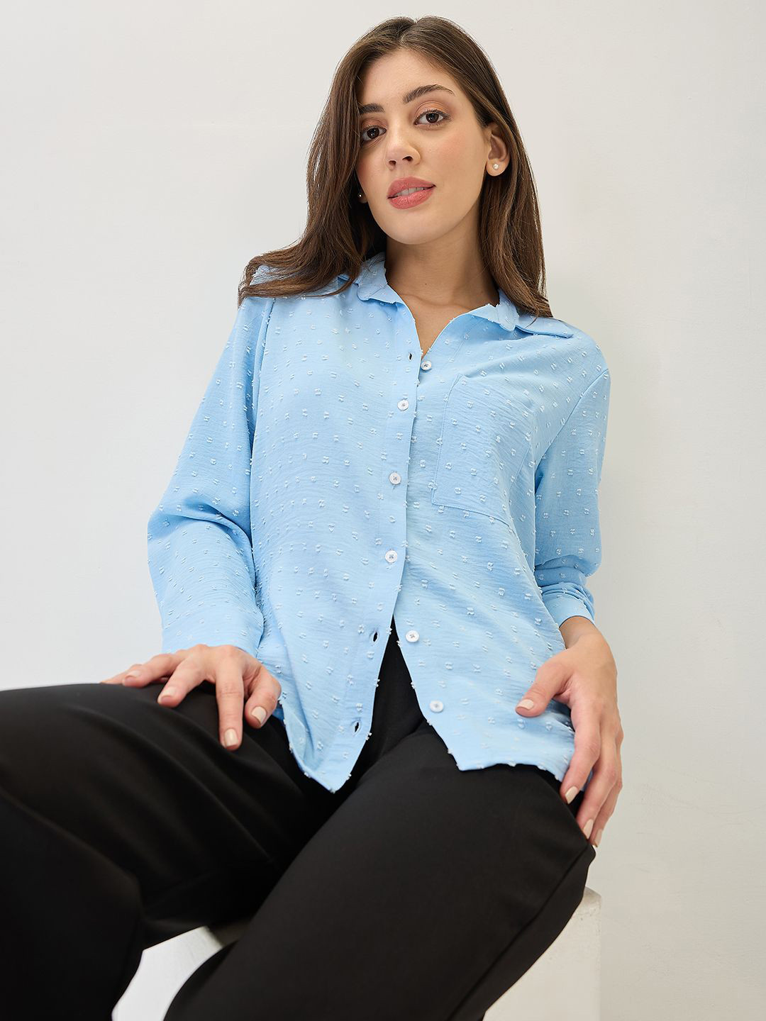 Globus Cuffed Sleeves Self Design Chest Pocket Curved Hem Shirt