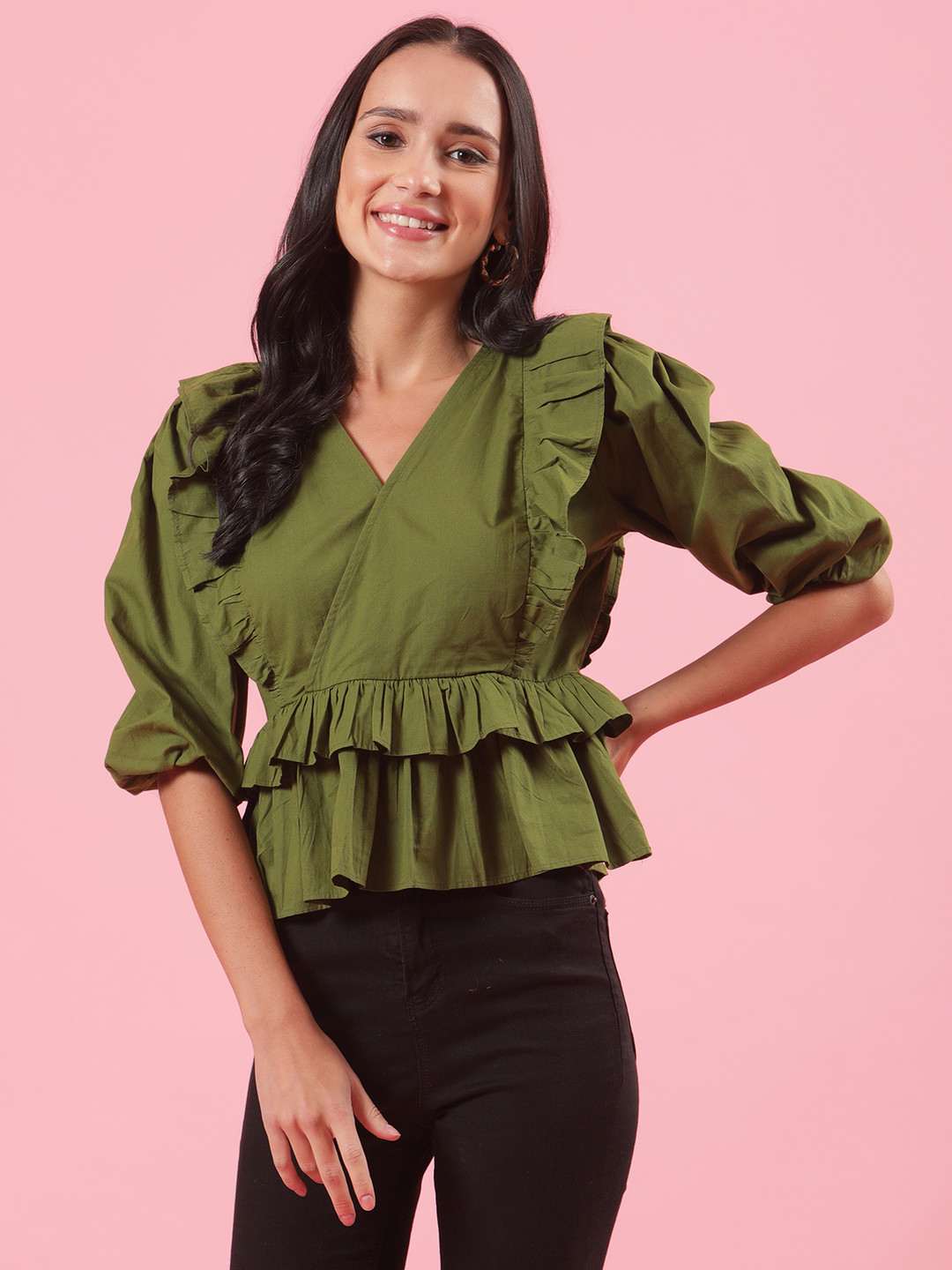 Shades of Sabi Green Cotton Solid V-Neck Regular Wrap Top