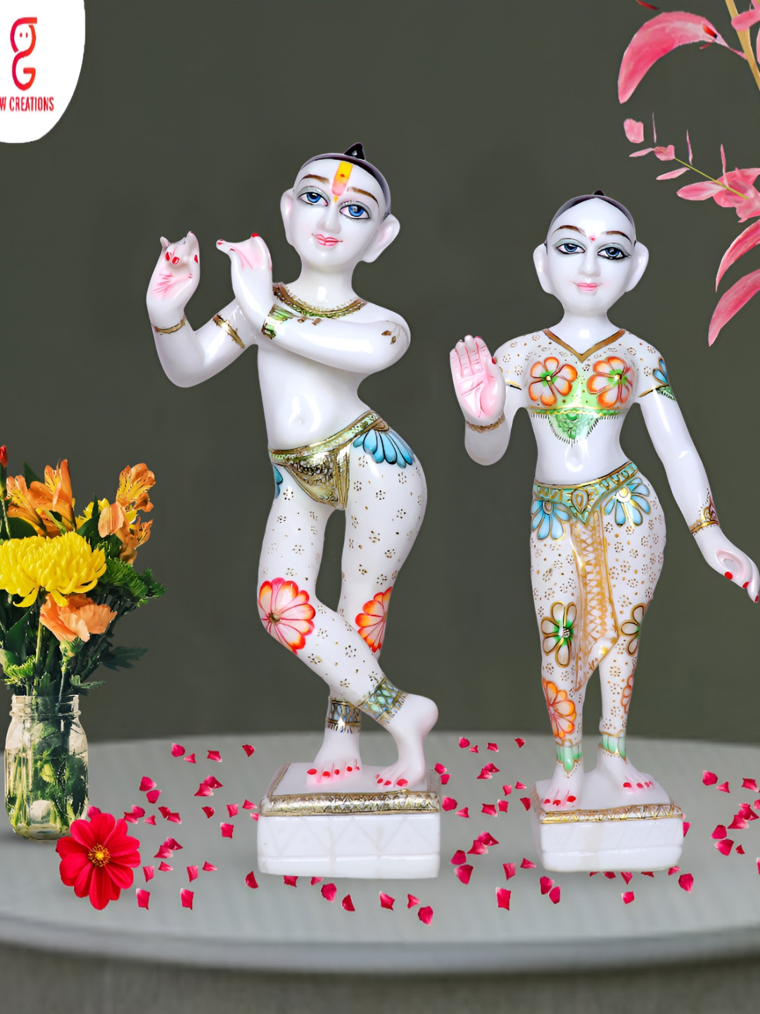 GW CREATIONS Jugal Jodi Gold Marble Glossy Prayer Room Set of 2 Large Showpieces - 3.9 Inches