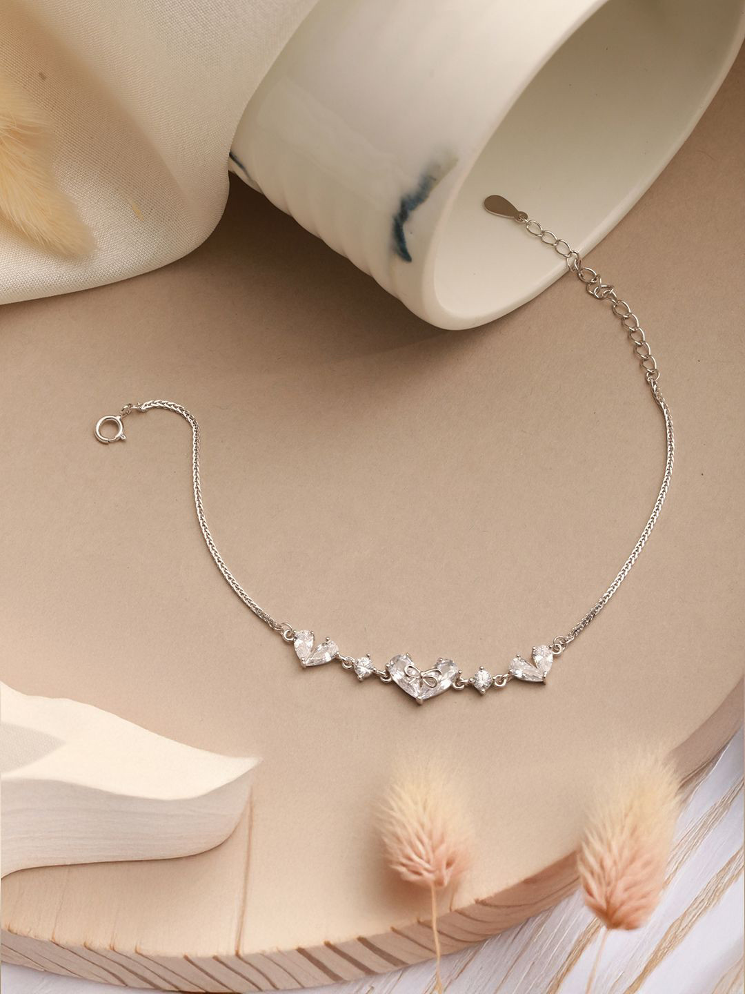 SARAF SILVERETZ Women Sterling Silver American Diamond Handcrafted Silver-Plated Charm Bracelet