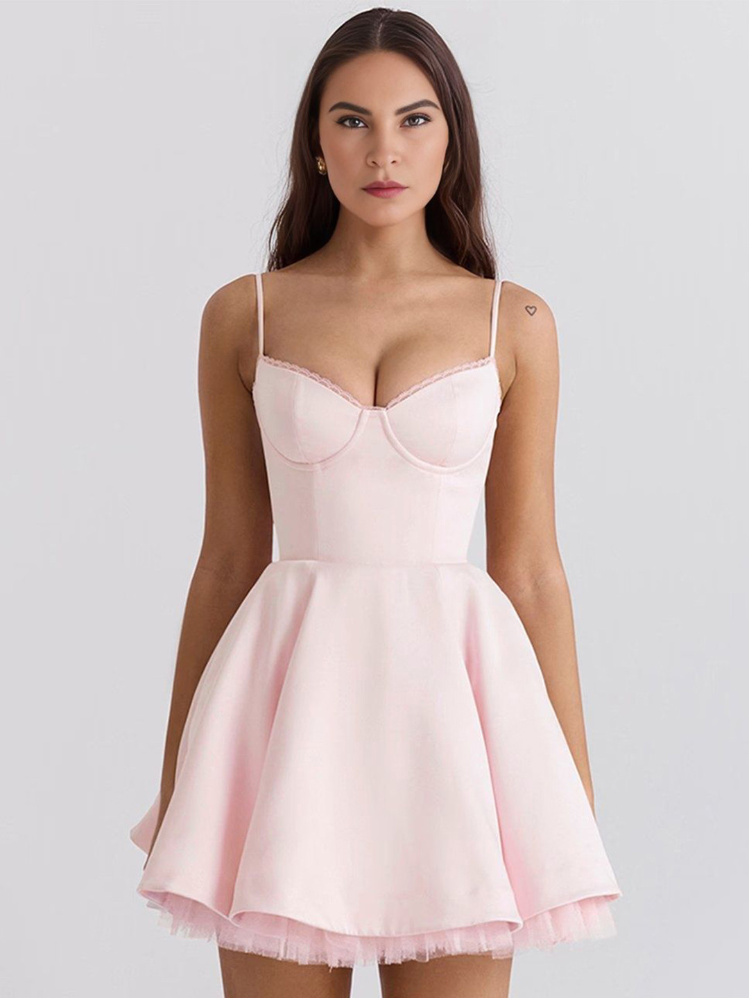 Bee Boe Satin Shoulder Straps Tulle Corset Pink Mini Dress