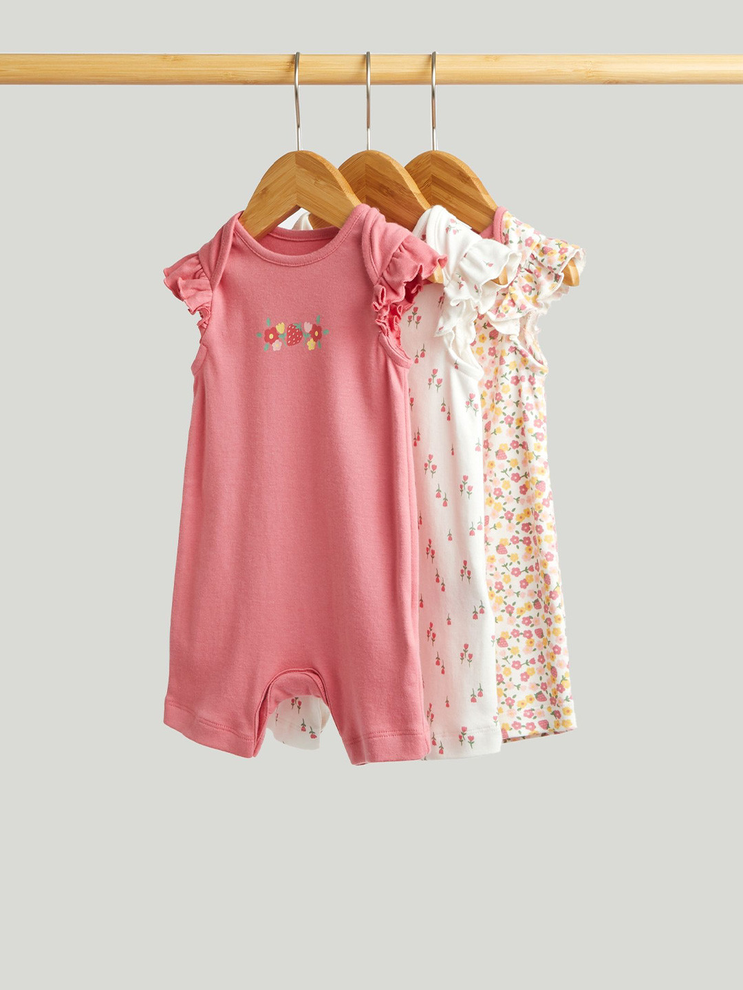 mothercare Girls Kids Pack of 3 Printed Cotton Rompers