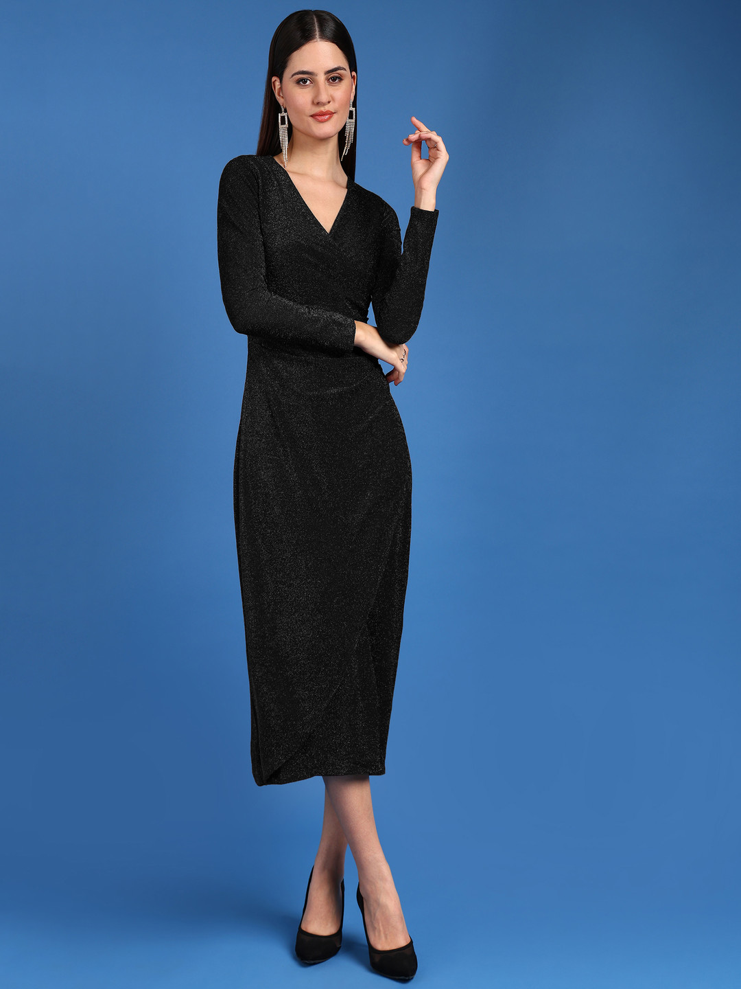 SAFFE Women's Textured Full Sleeve V-Neck Bodycon Body Fitted Midi Dress