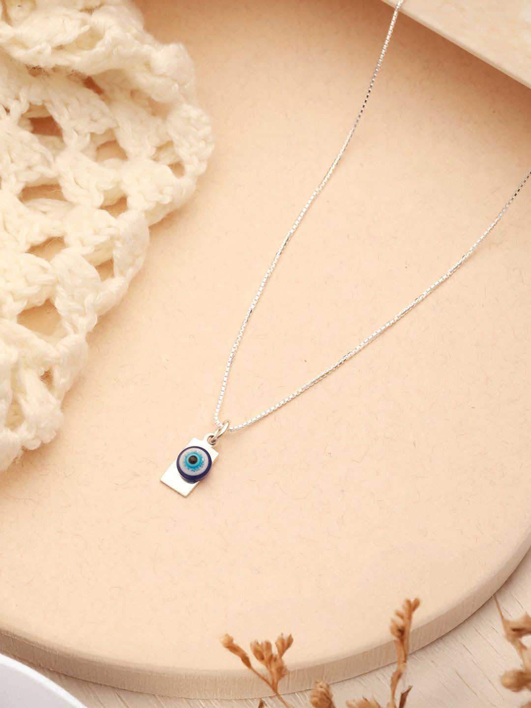 SARAF SILVERETZ 925 Sterling Silver Rhodium-Plated Bar Evil Eye Charm Pendant & Chain