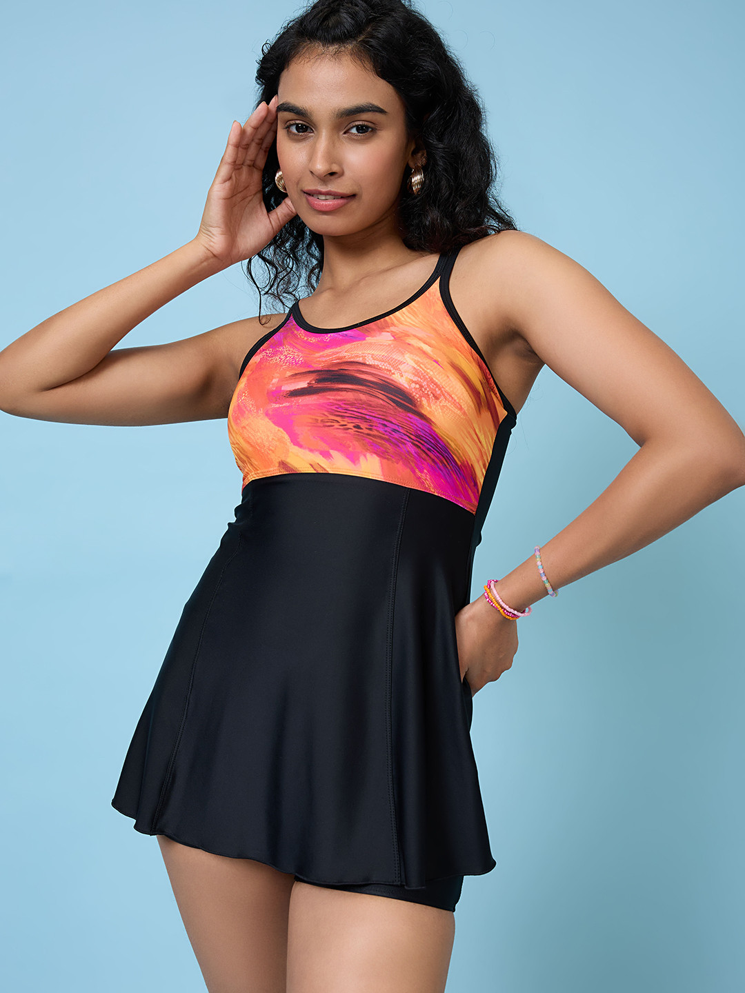 LYCOT Printed Spaghetti Strap Sleeves Swimdress With Attached Hot Shorts