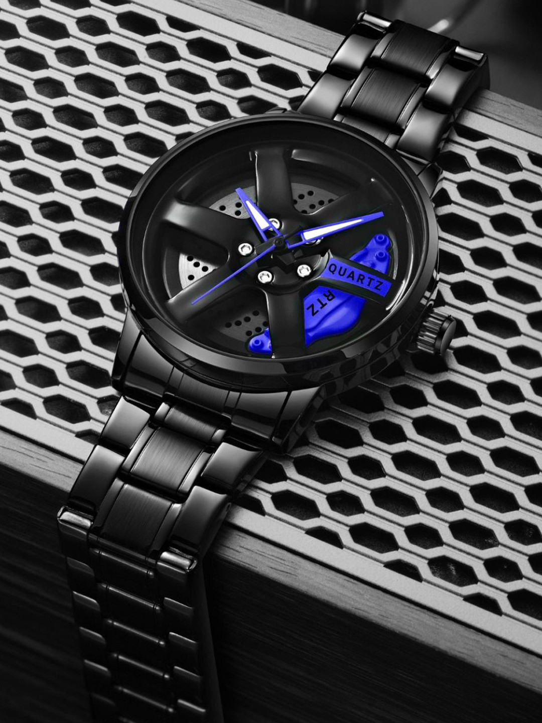 EMPERO Men Brass Patterned Dial & Stainless Steel Wrap Around Straps Analogue Watches Blue Wheel Watch 2