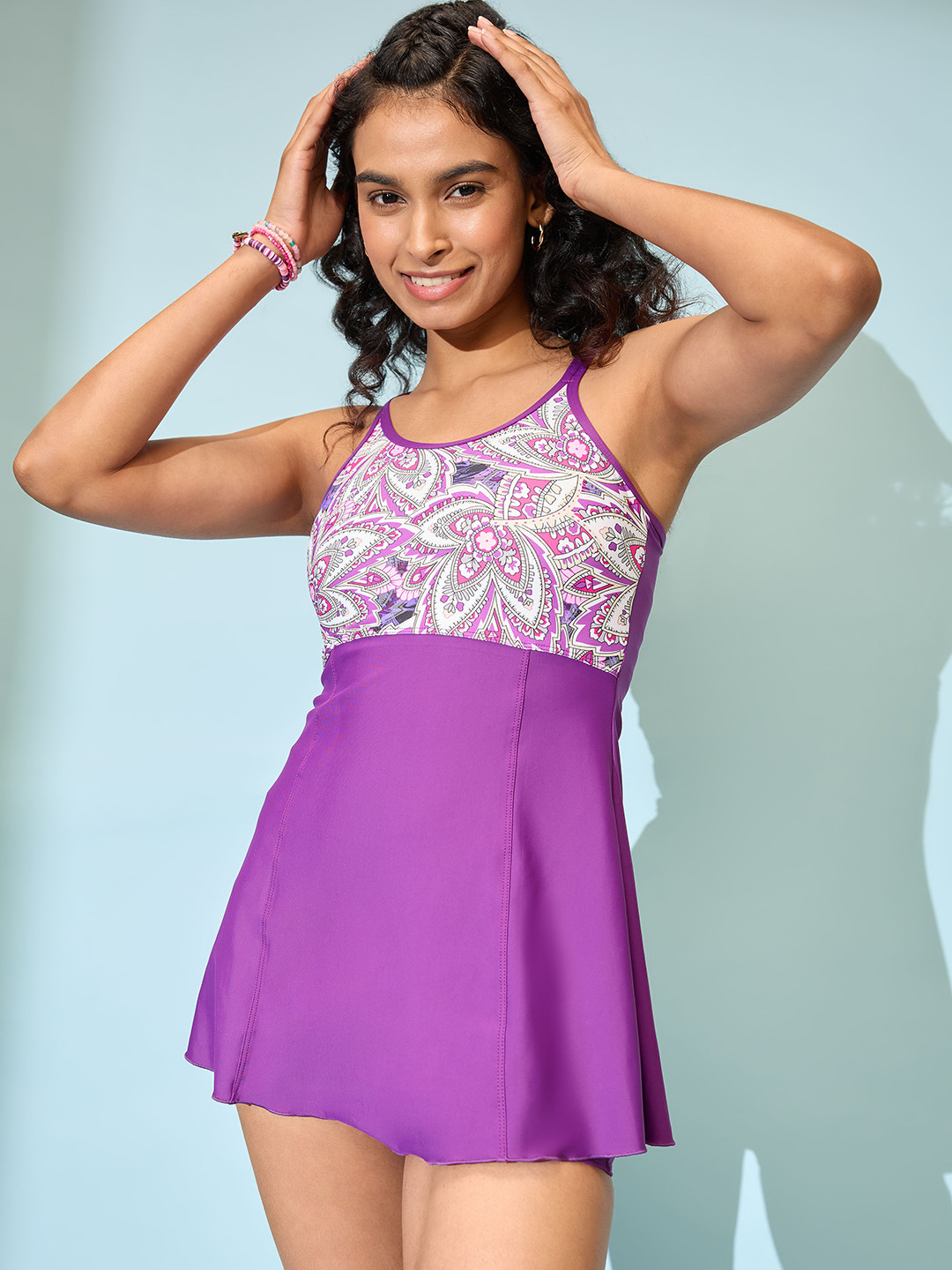 LYCOT Printed Spaghetti Strap Sleeves Swimdress With Attached Hot Shorts