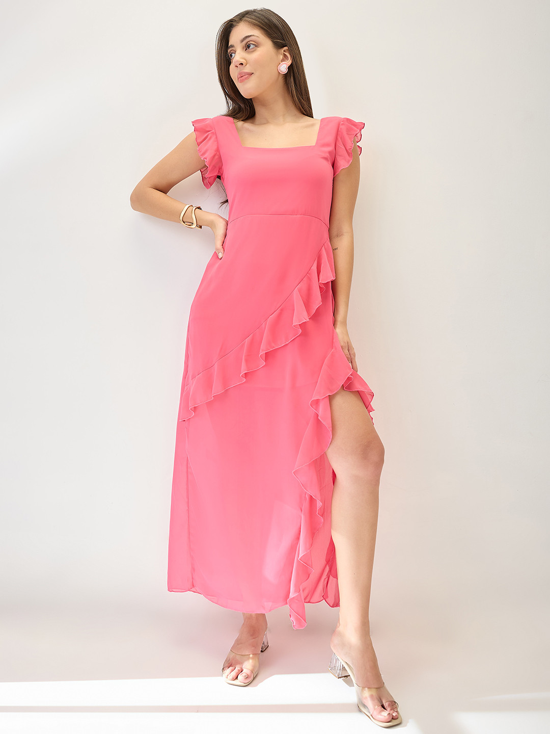 Globus Square Neck Cap Sleeves Asymmetric Ruffle Hem Maxi A-Line Dress