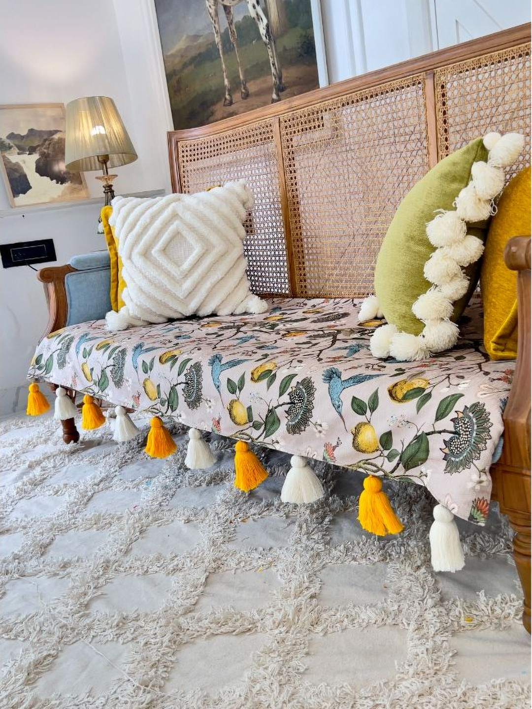 THROWPILLOW Lemon Bird Print 2 Seater Sofa Cover With Tassels-Size 47x26 Inch