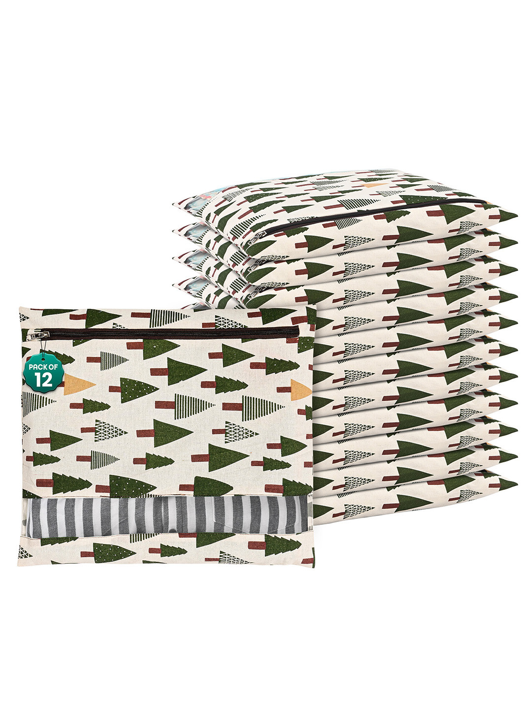 Kuber Industries White & Green 12 Pieces Tree Printed Mesh Cotton Storage Organizers