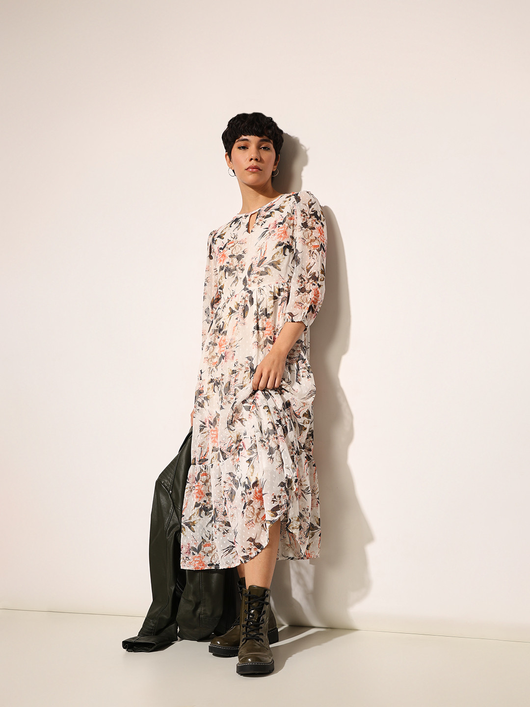 ONLY Floral Print Puff Sleeve Chiffon Fit & Flare Midi Dress