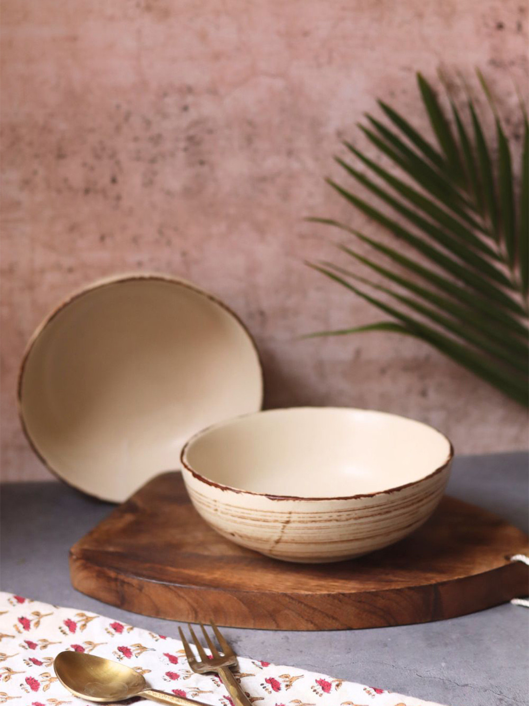 WEAVING HOMES Brown & White 4 Pieces Printed Ceramic Matte Curry Bowls- GET 2 FREE