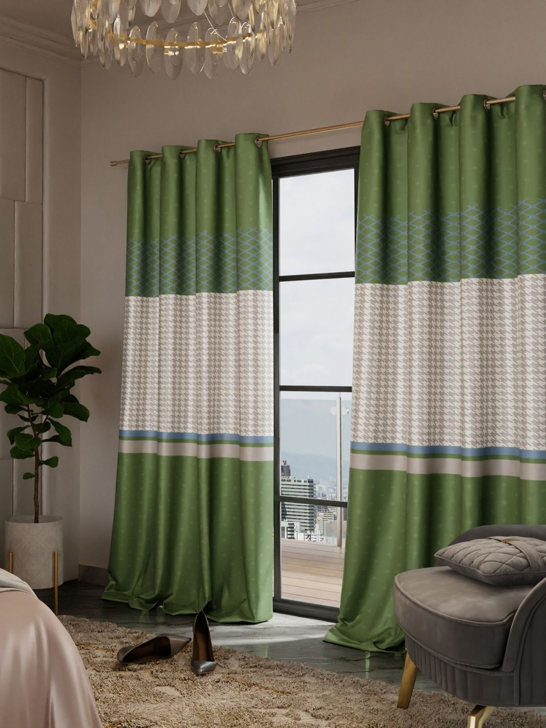 Stoa Paris Versailles Olive Green & White Set of 2 Geometric Door Curtains